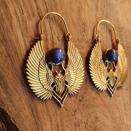 Gold Scarab Earrings Ancient Egypt Lapis Lazuli & Brass ; Ethnic, Geometric, rustic, yoga, hippie, gypsy, pretty, boho, bohemian, festival