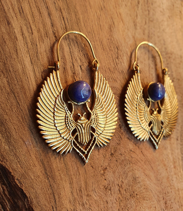 Gold Scarab Earrings Ancient Egypt Lapis Lazuli & Brass ; Ethnic, Geometric, rustic, yoga, hippie, gypsy, pretty, boho, bohemian, festival