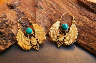 Gold Scarab Earrings Ancient Turquoise & Brass ; Ethnic, Geometric, rustic, yoga, hippie, gypsy, pretty, boho, bohemian, festival