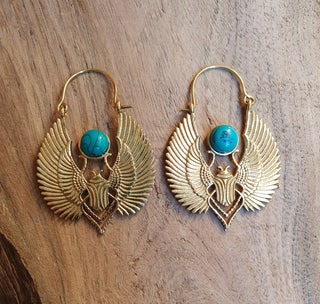 Gold Scarab Earrings Ancient Turquoise & Brass ; Ethnic, Geometric, rustic, yoga, hippie, gypsy, pretty, boho, bohemian, festival