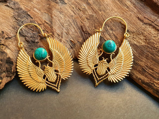 Gold Scarab Earrings Ancient Turquoise & Brass ; Ethnic, Geometric, rustic, yoga, hippie, gypsy, pretty, boho, bohemian, festival