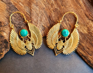 Gold Scarab Earrings Ancient Turquoise & Brass ; Ethnic, Geometric, rustic, yoga, hippie, gypsy, pretty, boho, bohemian, festival