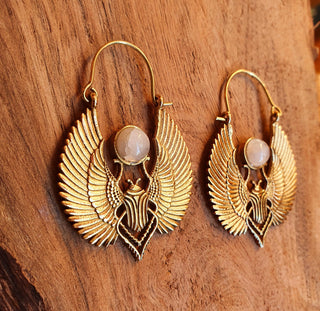 Gold Scarab Earrings Ancient Moonstone & Brass ; Ethnic, Geometric, rustic, yoga, hippie, gypsy, pretty, boho, bohemian, festival