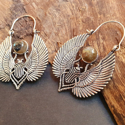 Silver Scarab Earrings Ancient Egypt & Labradorite ; Ethnic, Geometric, rustic, yoga, hippie, gypsy, pretty, boho, bohemian, festival