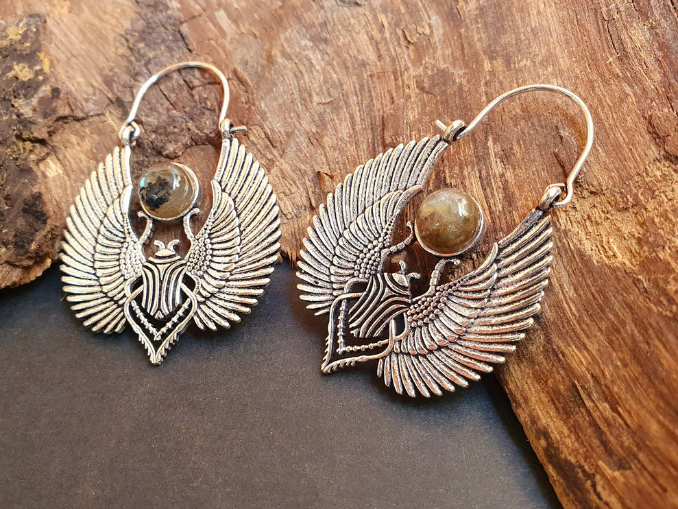 Silver Scarab Earrings Ancient Egypt & Labradorite ; Ethnic, Geometric, rustic, yoga, hippie, gypsy, pretty, boho, bohemian, festival