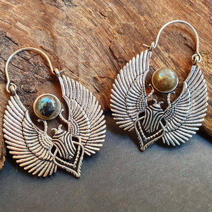 Silver Scarab Earrings Ancient Egypt & Labradorite ; Ethnic, Geometric, rustic, yoga, hippie, gypsy, pretty, boho, bohemian, festival