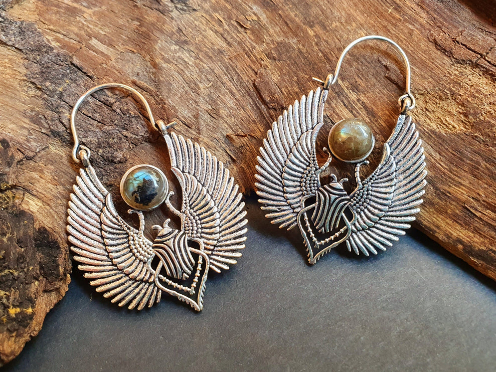 Silver Scarab Earrings Ancient Egypt & Labradorite ; Ethnic, Geometric, rustic, yoga, hippie, gypsy, pretty, boho, bohemian, festival