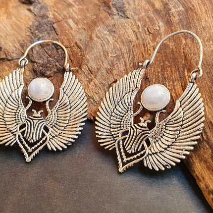 Silver Scarab Earrings Ancient Egypt & Moonstone ; Ethnic, Geometric, rustic, yoga, hippie, gypsy, pretty, boho, bohemian, festival