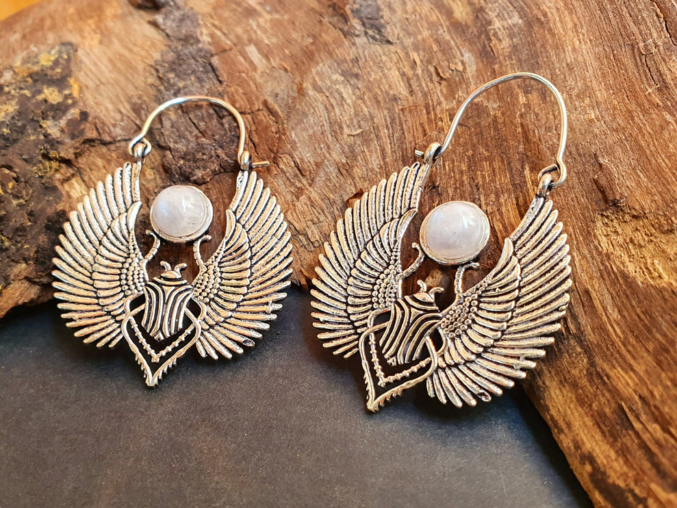 Silver Scarab Earrings Ancient Egypt & Moonstone ; Ethnic, Geometric, rustic, yoga, hippie, gypsy, pretty, boho, bohemian, festival