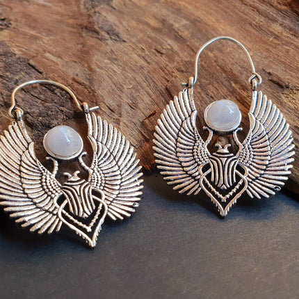 Silver Scarab Earrings Ancient Egypt & Moonstone ; Ethnic, Geometric, rustic, yoga, hippie, gypsy, pretty, boho, bohemian, festival