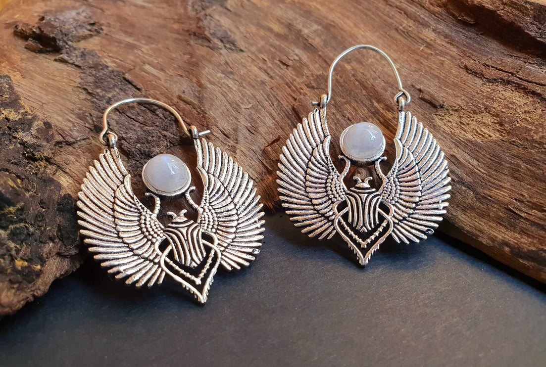 Silver Scarab Earrings Ancient Egypt & Moonstone ; Ethnic, Geometric, rustic, yoga, hippie, gypsy, pretty, boho, bohemian, festival