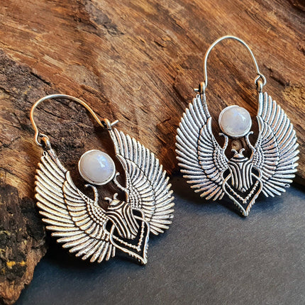 Silver Scarab Earrings Ancient Egypt & Moonstone ; Ethnic, Geometric, rustic, yoga, hippie, gypsy, pretty, boho, bohemian, festival