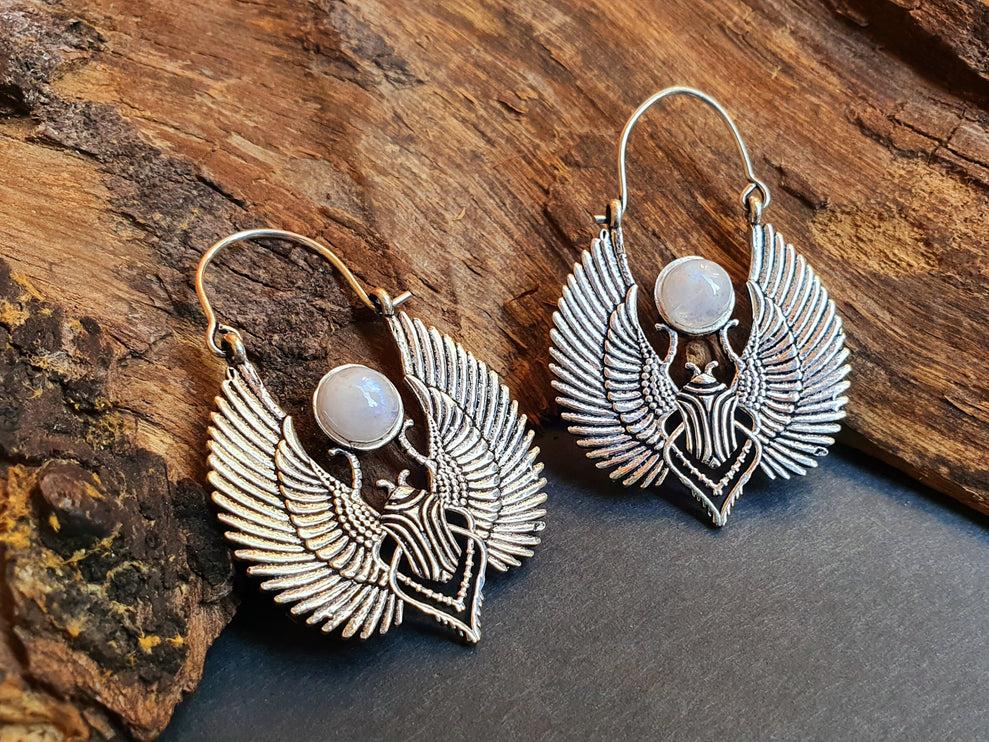 Silver Scarab Earrings Ancient Egypt & Moonstone ; Ethnic, Geometric, rustic, yoga, hippie, gypsy, pretty, boho, bohemian, festival