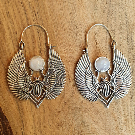 Silver Scarab Earrings Ancient Egypt & Moonstone ; Ethnic, Geometric, rustic, yoga, hippie, gypsy, pretty, boho, bohemian, festival