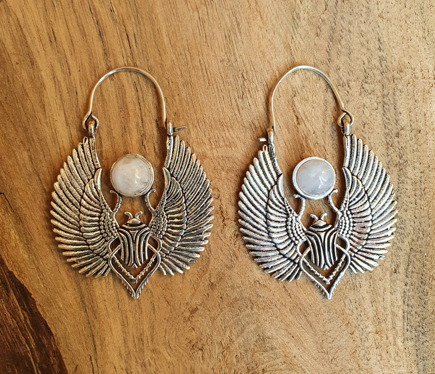 Silver Scarab Earrings Ancient Egypt & Moonstone ; Ethnic, Geometric, rustic, yoga, hippie, gypsy, pretty, boho, bohemian, festival