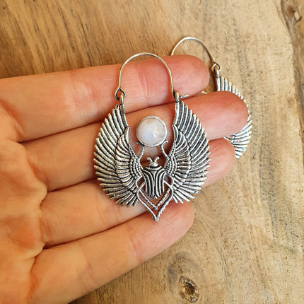 Silver Scarab Earrings Ancient Egypt & Moonstone ; Ethnic, Geometric, rustic, yoga, hippie, gypsy, pretty, boho, bohemian, festival