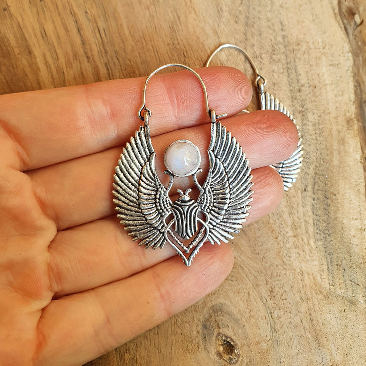 Silver Scarab Earrings Ancient Egypt & Moonstone ; Ethnic, Geometric, rustic, yoga, hippie, gypsy, pretty, boho, bohemian, festival