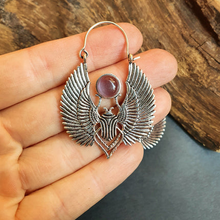 Silver Scarab Earrings Ancient Egypt & Amethyst ; Ethnic, Geometric, rustic, yoga, hippie, gypsy, pretty, boho, bohemian, festival