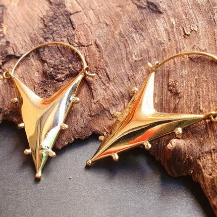 Steampunk Triangle Drop Tribal Brass Earrings; Ethnic Boho Chic Gypsy Spiral Hippie Tribal style