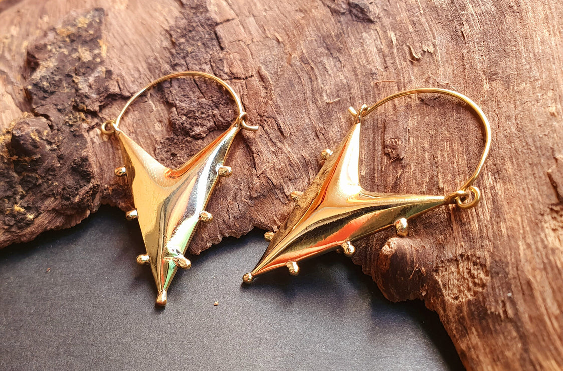 Steampunk Triangle Drop Tribal Brass Earrings; Ethnic Boho Chic Gypsy Spiral Hippie Tribal style