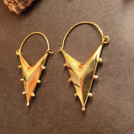 Steampunk Triangle Drop Tribal Brass Earrings; Ethnic Boho Chic Gypsy Spiral Hippie Tribal style