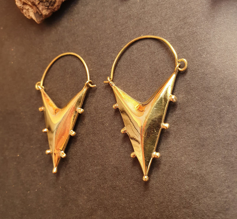 Steampunk Triangle Drop Tribal Brass Earrings; Ethnic Boho Chic Gypsy Spiral Hippie Tribal style