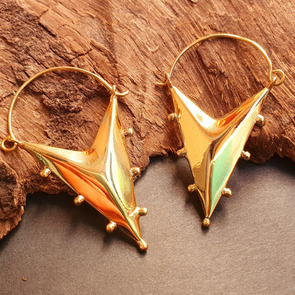 Steampunk Triangle Drop Tribal Brass Earrings; Ethnic Boho Chic Gypsy Spiral Hippie Tribal style