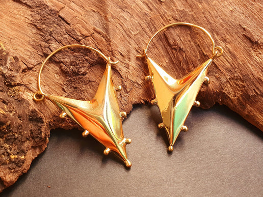 Steampunk Triangle Drop Tribal Brass Earrings; Ethnic Boho Chic Gypsy Spiral Hippie Tribal style