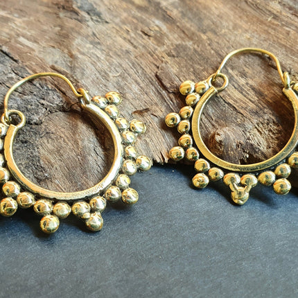 Gypsy Flower Brass Hoop Earrings; Ethnic, Geometric, Rustic, Yoga, Hippie, Gypsy, Pretty, Psy, Boho, Bohemian, Festival