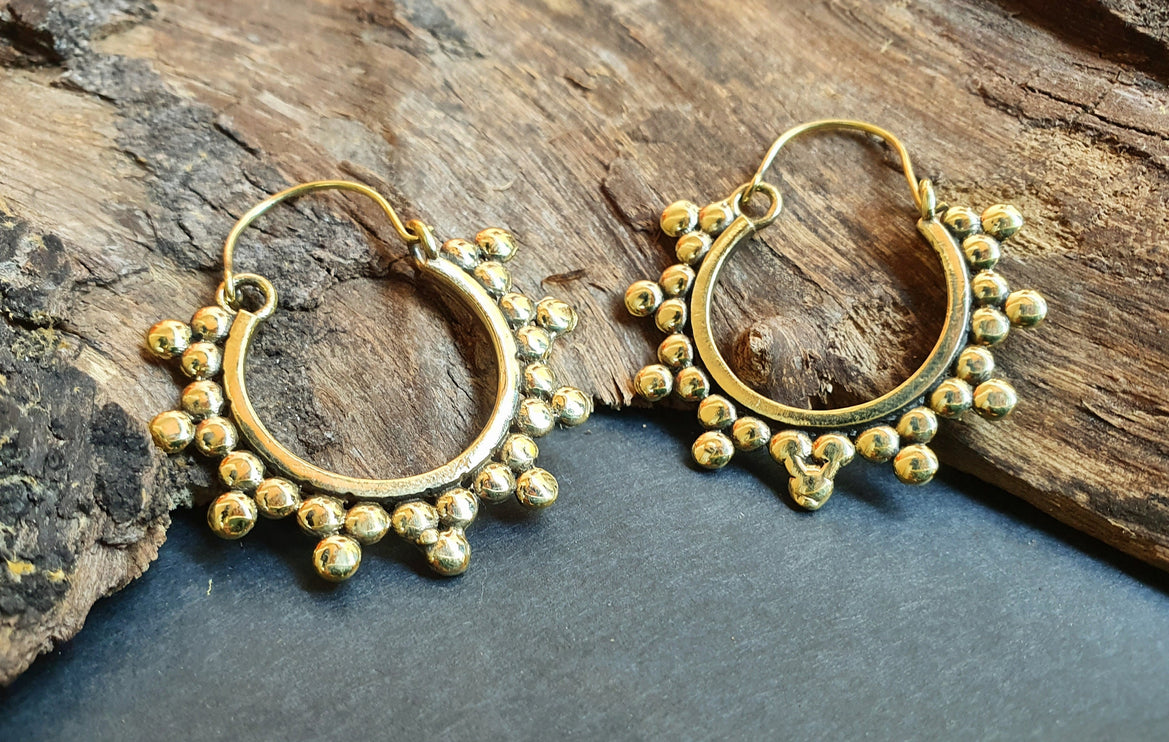 Gypsy Flower Brass Hoop Earrings; Ethnic, Geometric, Rustic, Yoga, Hippie, Gypsy, Pretty, Psy, Boho, Bohemian, Festival