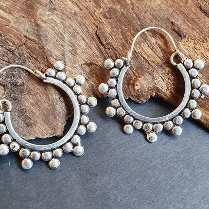 Gypsy Flower Silver Hoop Earrings; Ethnic, Geometric, Rustic, Yoga, Hippie, Gypsy, Pretty, Psy, Boho, Bohemian, Festival