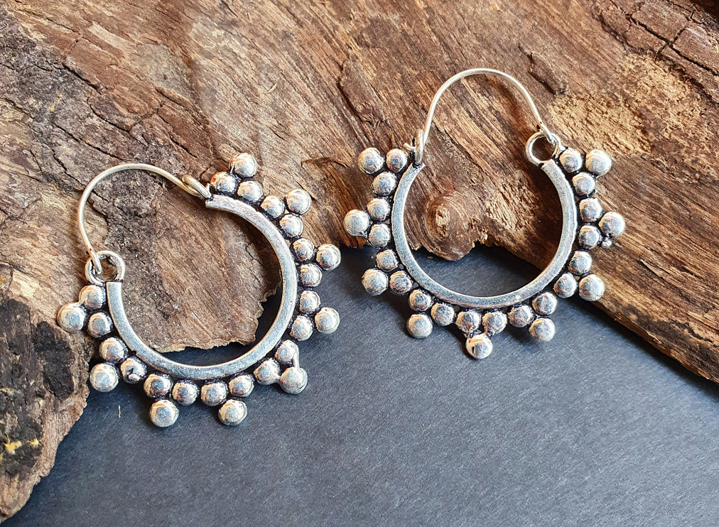 Gypsy Flower Silver Hoop Earrings; Ethnic, Geometric, Rustic, Yoga, Hippie, Gypsy, Pretty, Psy, Boho, Bohemian, Festival