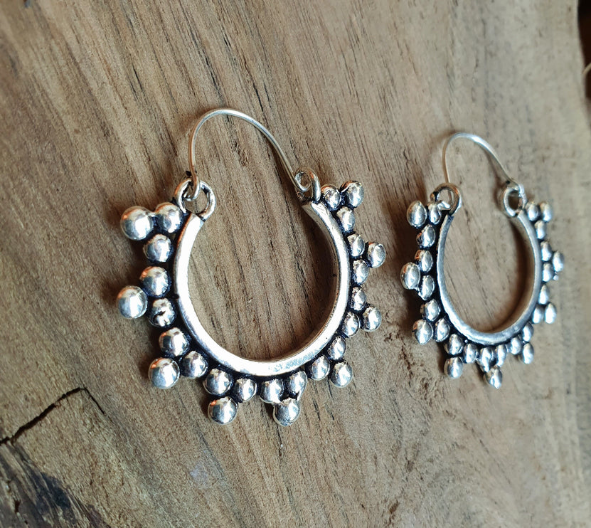 Gypsy Flower Silver Hoop Earrings; Ethnic, Geometric, Rustic, Yoga, Hippie, Gypsy, Pretty, Psy, Boho, Bohemian, Festival