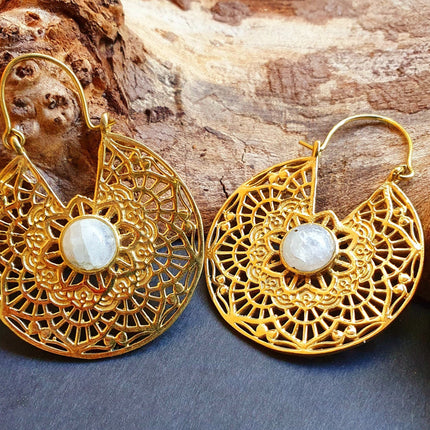 Golden Ethnic Moonstone Earrings Ethnic, rustic, yoga, hippie, gypsy, pretty, psy, boho, bohemian, festival