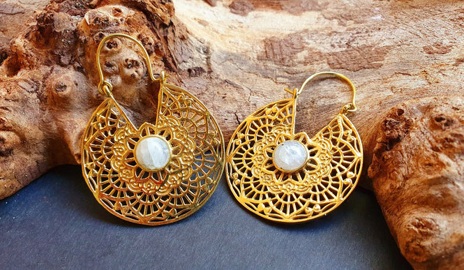 Golden Ethnic Moonstone Earrings Ethnic, rustic, yoga, hippie, gypsy, pretty, psy, boho, bohemian, festival