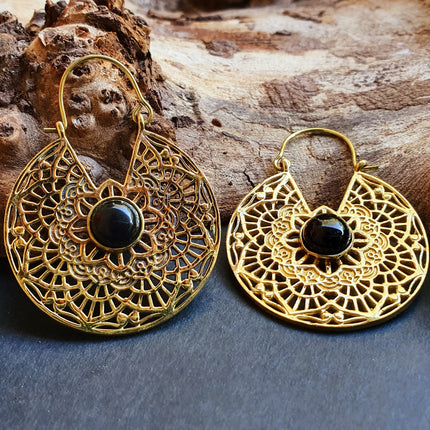 Golden Ethnic Black Onyx Earrings Ethnic, rustic, yoga, hippie, gypsy, pretty, psy, boho, bohemian, festival