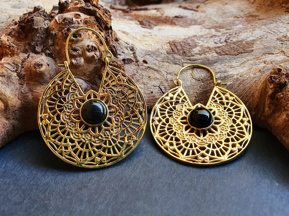 Golden Ethnic Black Onyx Earrings Ethnic, rustic, yoga, hippie, gypsy, pretty, psy, boho, bohemian, festival