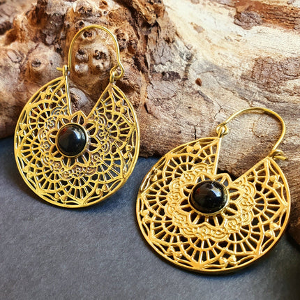 Golden Ethnic Black Onyx Earrings Ethnic, rustic, yoga, hippie, gypsy, pretty, psy, boho, bohemian, festival