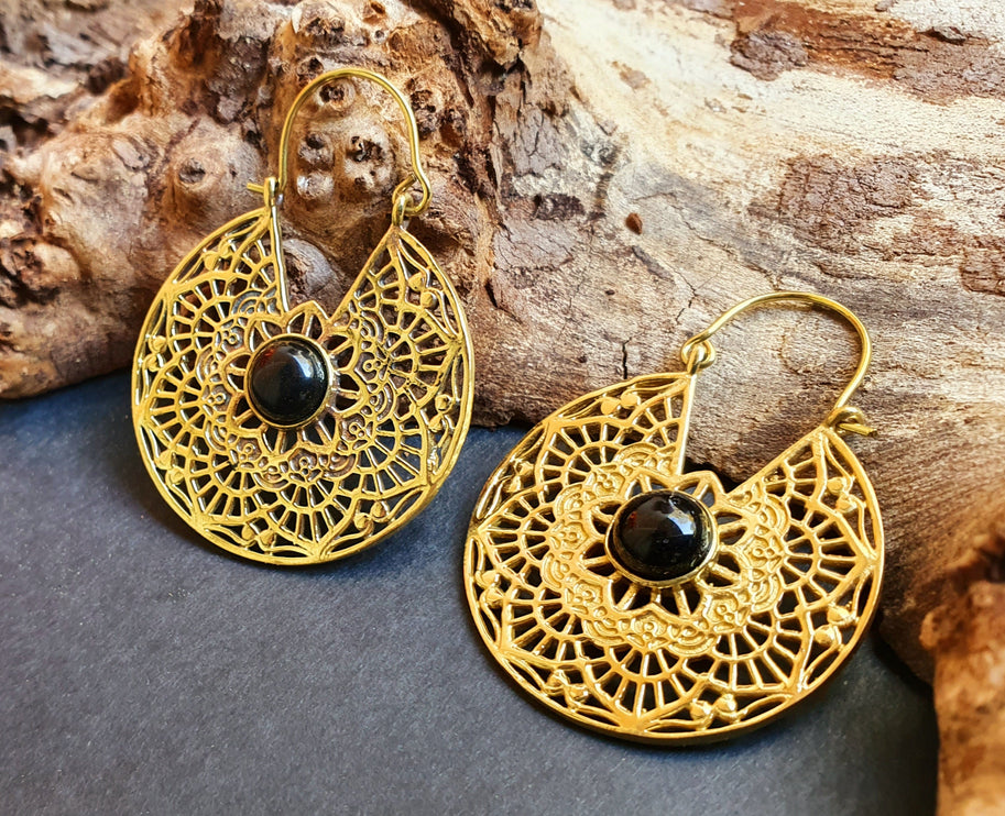 Golden Ethnic Black Onyx Earrings Ethnic, rustic, yoga, hippie, gypsy, pretty, psy, boho, bohemian, festival