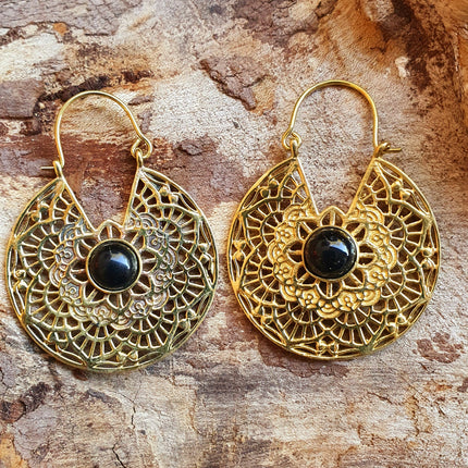 Golden Ethnic Black Onyx Earrings Ethnic, rustic, yoga, hippie, gypsy, pretty, psy, boho, bohemian, festival