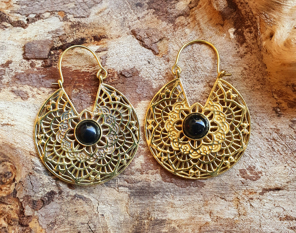 Golden Ethnic Black Onyx Earrings Ethnic, rustic, yoga, hippie, gypsy, pretty, psy, boho, bohemian, festival