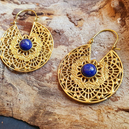 Golden Ethnic Lapis Lazuli Earrings Ethnic, Blue Stone , rustic, yoga, hippie, gypsy, pretty, psy, boho, bohemian, festival