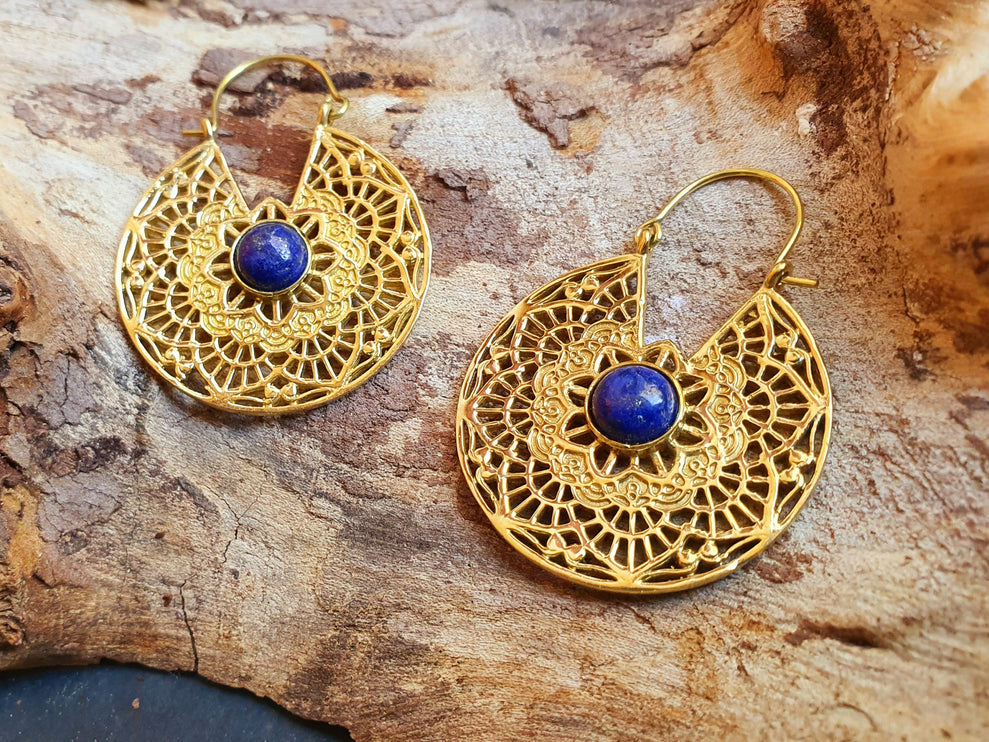 Golden Ethnic Lapis Lazuli Earrings Ethnic, Blue Stone , rustic, yoga, hippie, gypsy, pretty, psy, boho, bohemian, festival