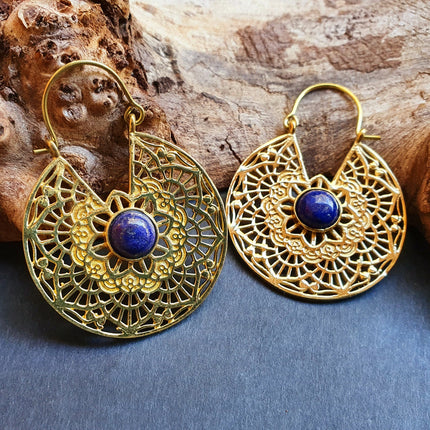 Golden Ethnic Lapis Lazuli Earrings Ethnic, Blue Stone , rustic, yoga, hippie, gypsy, pretty, psy, boho, bohemian, festival