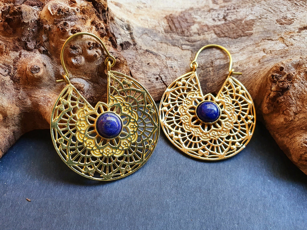 Golden Ethnic Lapis Lazuli Earrings Ethnic, Blue Stone , rustic, yoga, hippie, gypsy, pretty, psy, boho, bohemian, festival