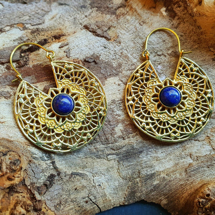 Golden Ethnic Lapis Lazuli Earrings Ethnic, Blue Stone , rustic, yoga, hippie, gypsy, pretty, psy, boho, bohemian, festival