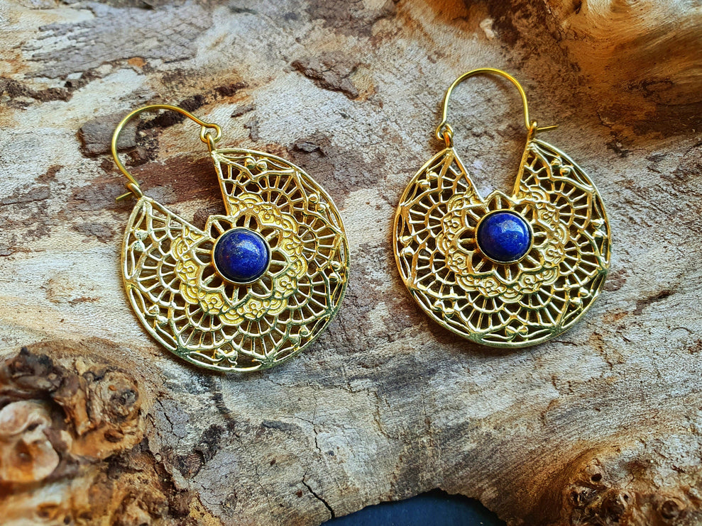 Golden Ethnic Lapis Lazuli Earrings Ethnic, Blue Stone , rustic, yoga, hippie, gypsy, pretty, psy, boho, bohemian, festival