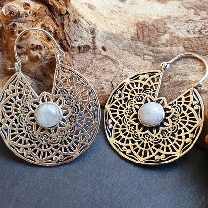 Silver Ethnic Moonstone Earrings Ethnic, rustic, yoga, hippie, gypsy, pretty, psy, boho, bohemian, festival