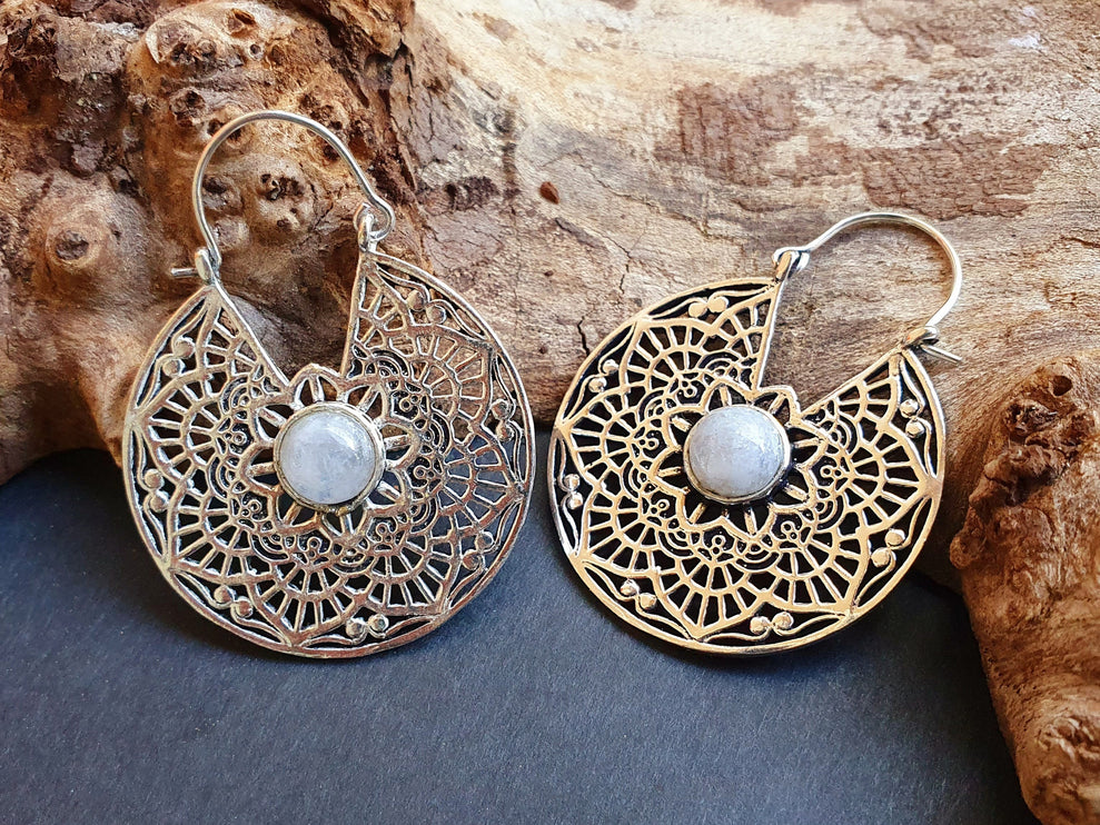 Silver Ethnic Moonstone Earrings Ethnic, rustic, yoga, hippie, gypsy, pretty, psy, boho, bohemian, festival