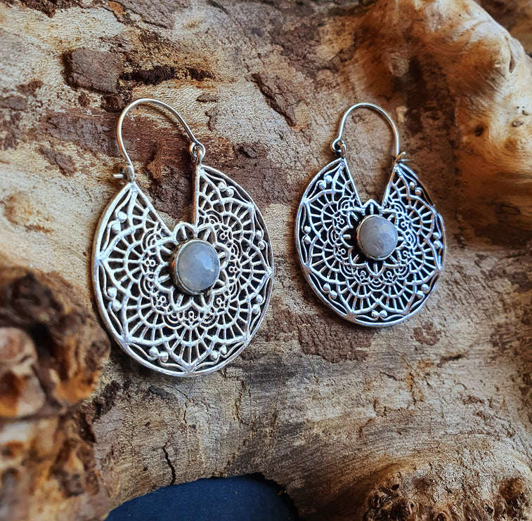 Silver Ethnic Moonstone Earrings Ethnic, rustic, yoga, hippie, gypsy, pretty, psy, boho, bohemian, festival